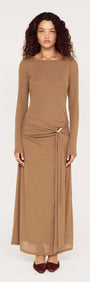 Long Sleeve Mesh Midi Dress with Tie Waist Detail in a natural tone, featuring a flattering silhouette and soft fabric.