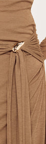 Long Sleeve Mesh Midi Dress with Tie Waist Detail showcasing a close-up of the tie waist and draped fabric.