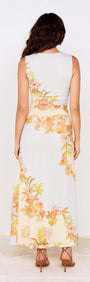 Pastel Floral Sleeveless Midi Dress back view showcasing floral print and ruched design.