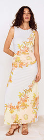 Pastel Floral Sleeveless Midi Dress showcased on model with a floral print and fitted silhouette.