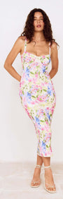 Woman wearing a Watercolour Floral Mesh Midi Dress with colorful floral patterns and a fitted silhouette.