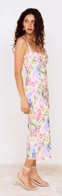 Model showcasing the Watercolour Floral Mesh Midi Dress with multicolored floral print, perfect for occasion dressing.