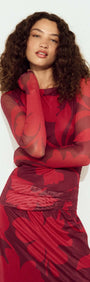 Oversized Floral Mesh Midi Dress with Gather Detail on model, showcasing bold red floral pattern and sheer mesh design.