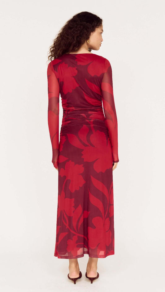Oversized Floral Mesh Midi Dress with Gather Detail