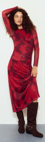 Oversized Floral Mesh Midi Dress with Gather Detail worn by model, featuring a bold floral print and flattering silhouette.