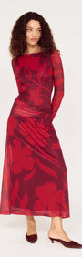 Oversized Floral Mesh Midi Dress with Gather Detail in red floral design, featuring a sheer fabric and elegant style.