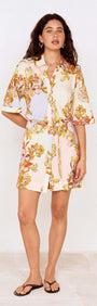 Pastel Floral Mini Shirt Dress featuring oversized florals and a relaxed fit, perfect for an elevated everyday style.