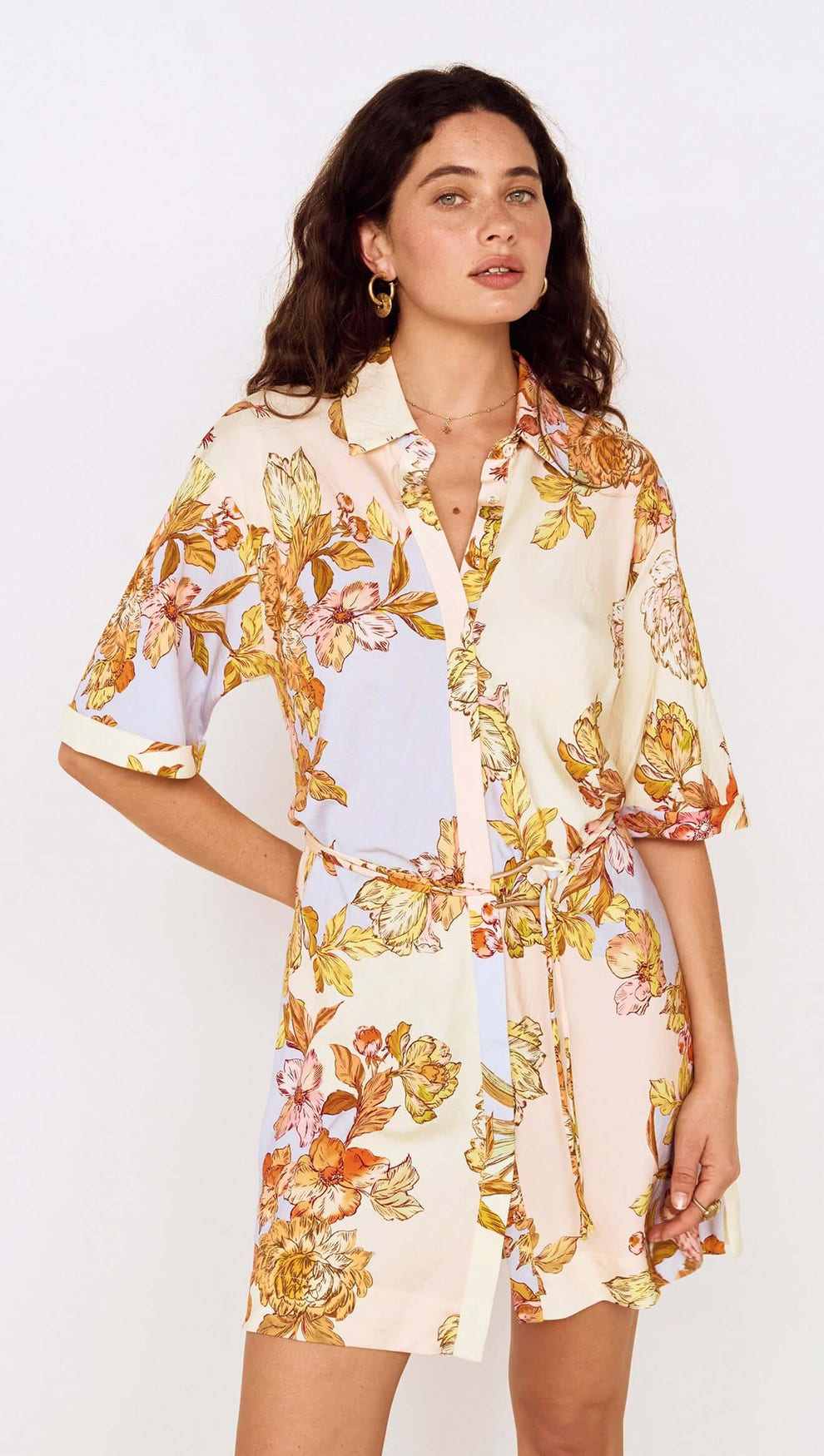 Pastel Floral Mini Shirt Dress