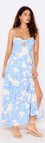 Blue Floral Twist Front Maxi Dress with Side Split, featuring a stylish side split and floral pattern.