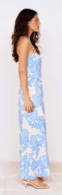 Blue Floral Twist Front Maxi Dress with Side Split showcased on model in profile view.