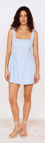 Baby Blue Square Neck Mini Dress worn by model showcasing its stylish design.