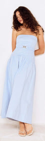 Baby Blue Drop Waist Midi Dress with Belt Detail featuring a strapless design and flowing skirt.
