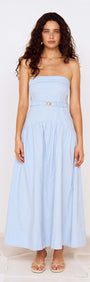 Baby Blue Drop Waist Midi Dress with Belt Detail worn by a model in a studio setting.