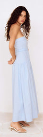 Baby Blue Drop Waist Midi Dress with Belt Detail on a model, showcasing its stylish summer look.