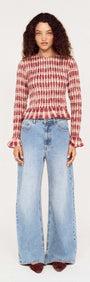 Frill Detail Check Print Shirred Top styled with wide-leg jeans, showcasing a vintage-inspired look and feminine details.