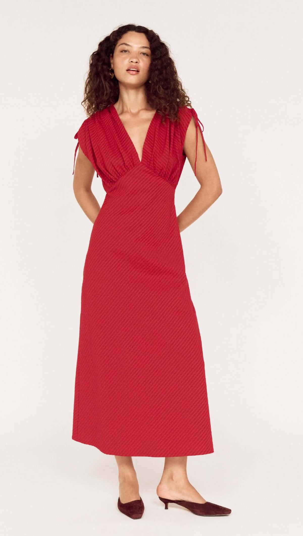 Red Stripe V-Neck Midi Dress with Gathered Shoulder showcased on model, featuring a flattering fit and gathered shoulders.