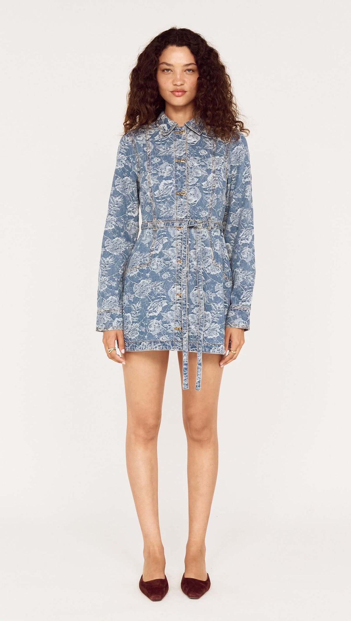 Button Through Floral Denim Dress with Tie Waist featuring a floral print and structured design.