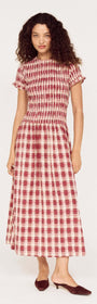 Short Sleeve Shirred Check Midi Dress featuring a classic red and white check pattern and elegant shirred details.