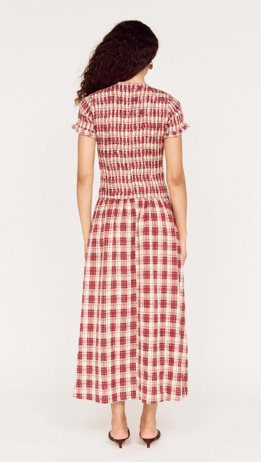 Short Sleeve Shirred Check Midi Dress