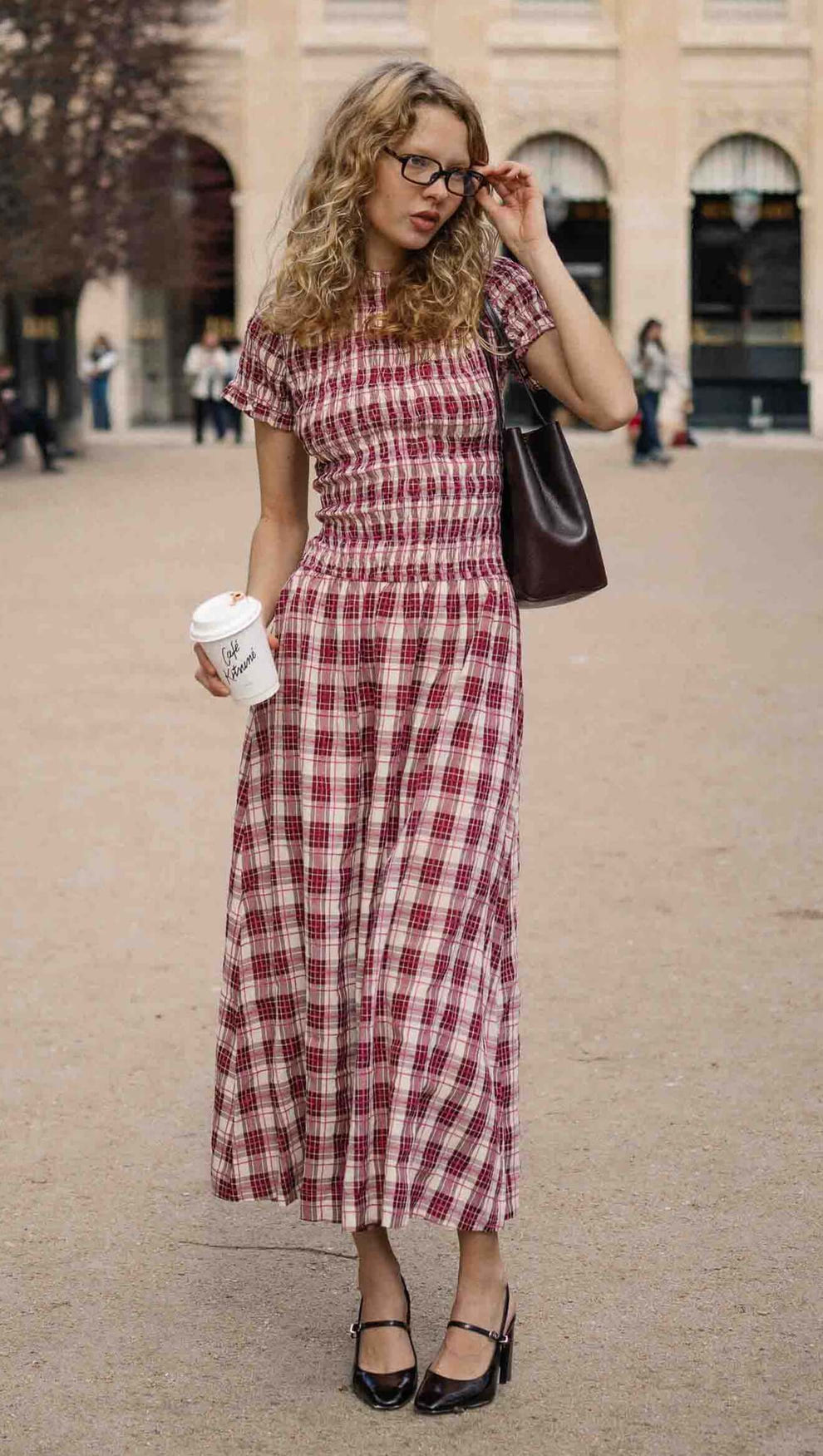 Short Sleeve Shirred Check Midi Dress