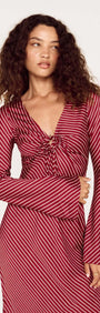 Model wearing Burgundy Pinstripe Bias Cut Midi Dress with plunging V-neckline and tie-front detailing.
