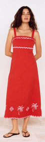 Model wearing a Red and Pink Embroidery Detail Midi Dress with embroidered palm design.