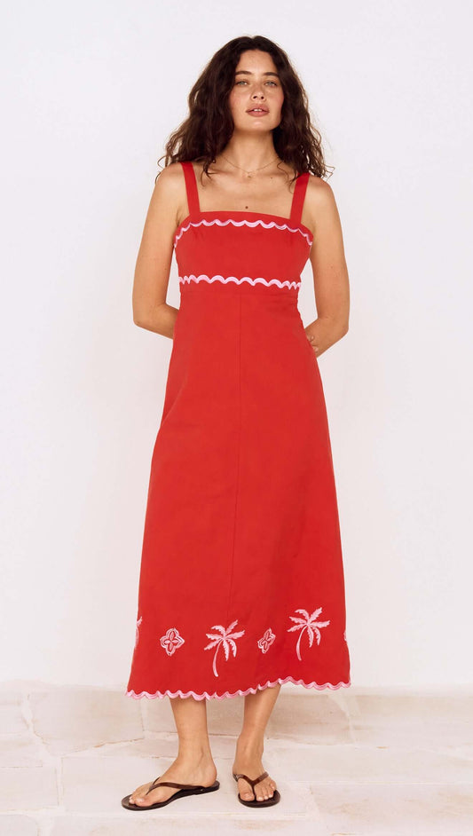 Model wearing a Red and Pink Embroidery Detail Midi Dress with embroidered palm design.