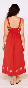 Red and Pink Embroidery Detail Midi Dress featuring back view, adjustable straps, and palm embroidery on hem.
