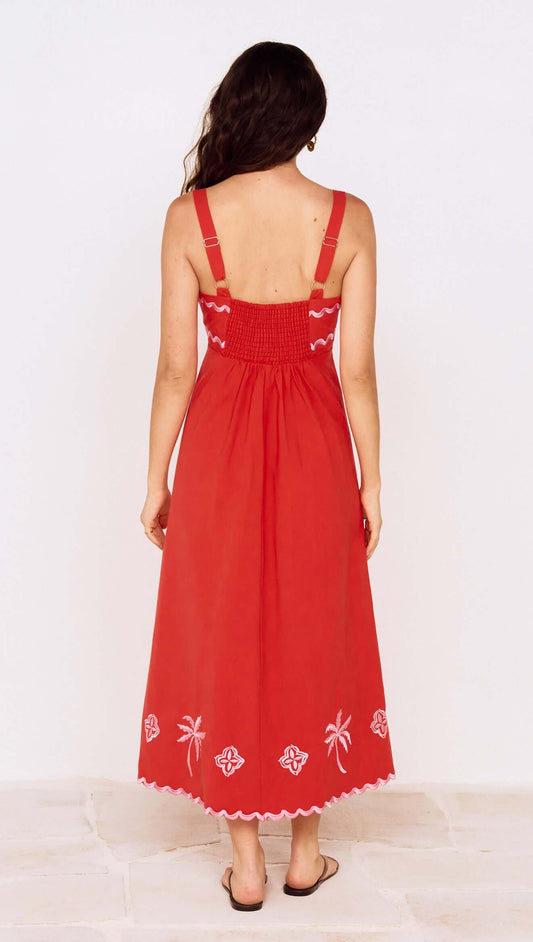 Red and Pink Embroidery Detail Midi Dress featuring back view, adjustable straps, and palm embroidery on hem.