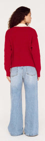 Relaxed Red Contrast Stripe Jumper shown from the back, paired with wide-leg jeans, showcasing sporty vibe and comfort.