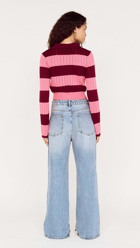 Back view of a model wearing a Pink Stripe Pointelle Knit Cardi with wide-leg jeans.