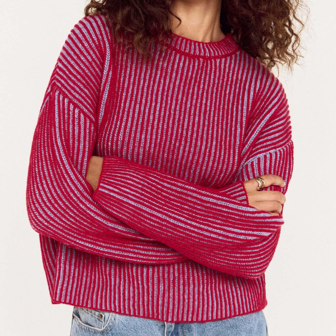 Model wearing a Blue and Berry Contrast Rib Knit Jumper with bold two-tone ribbed design.