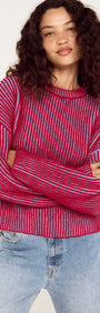 Model wearing a Blue and Berry Contrast Rib Knit Jumper with bold two-tone ribbed design.