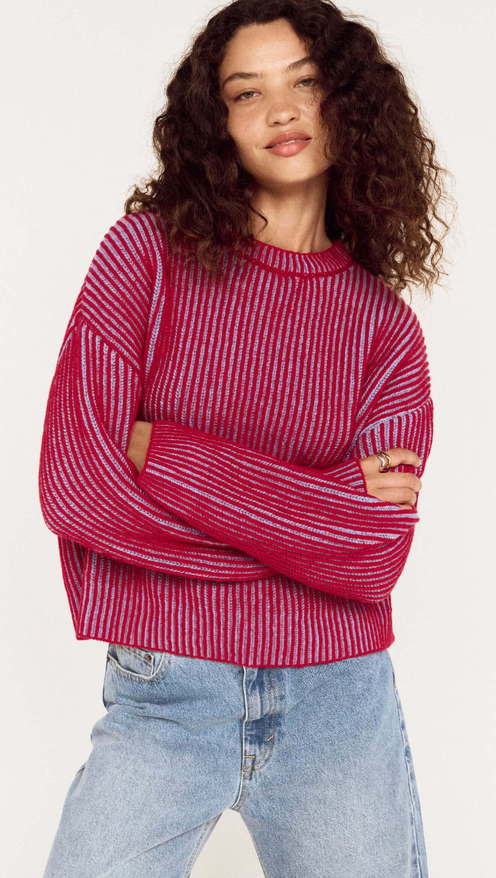 Model wearing a Blue and Berry Contrast Rib Knit Jumper with bold two-tone ribbed design.