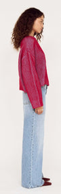 Side view of Blue and Berry Contrast Rib Knit Jumper paired with light blue jeans, showcasing modern knitwear style.