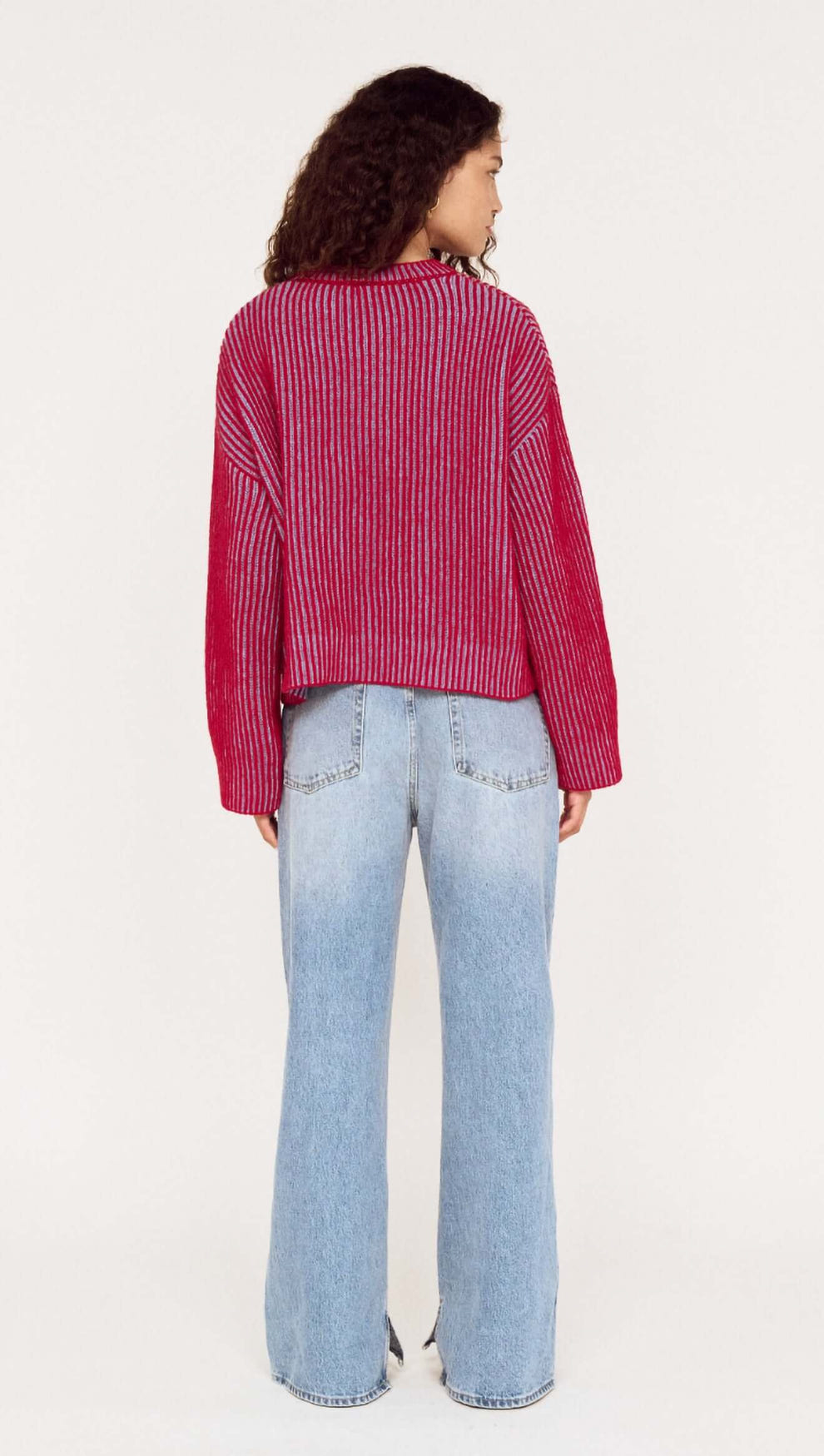 Model wearing a Blue and Berry Contrast Rib Knit Jumper from the back, paired with light blue jeans.
