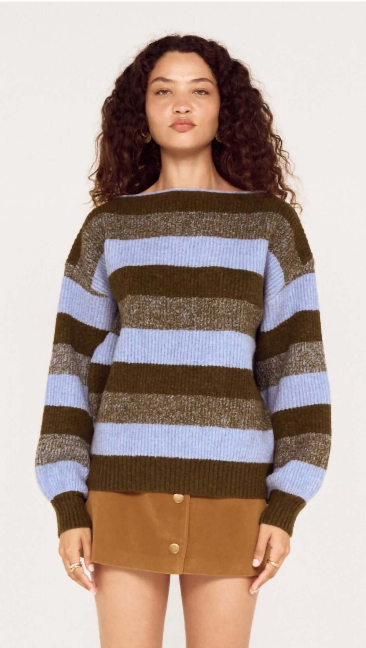 Blue Stripe Soft Boat Neck Jumper displayed on a model, featuring contrasting blue and olive stripes for a stylish look.