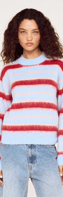 Peppermint Stripe Fluffy Jumper featuring bold red and blush stripes on a soft blue base, perfect for cool-weather style.