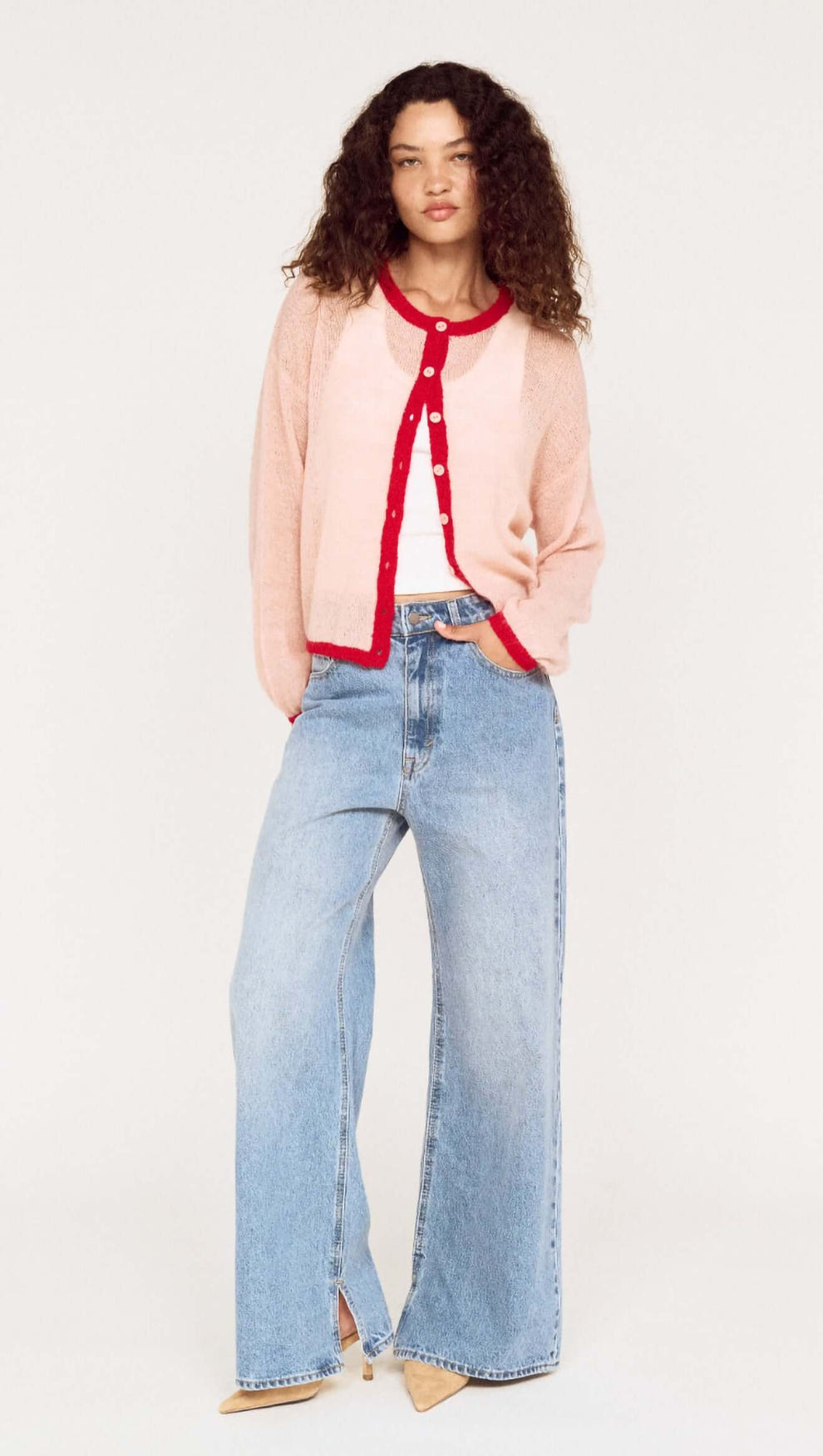 Sheer Contrast Trim Pink Cardigan styled with a white tank top and wide-leg jeans.