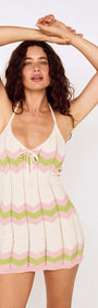 Pointelle Green Stripe Mini Dress on a model, showcasing its stylish design and vibrant colors.