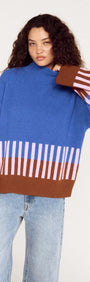 Cobalt Blue Intarsia Detail Jumper featuring striped design and relaxed fit, perfect for stylish knitwear rotation.