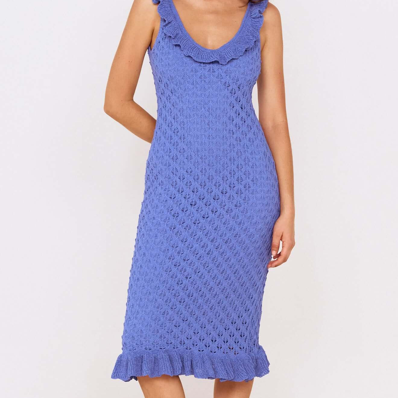 Cobalt Blue Pointelle Midi Dress with Frill Detail displayed on a model in a bright setting.