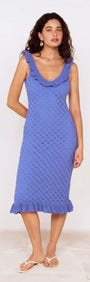 Cobalt Blue Pointelle Midi Dress with Frill Detail displayed on a model in a bright setting.