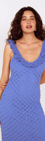 Cobalt Blue Pointelle Midi Dress with Frill Detail worn by a model, showcasing its stylish design and texture.