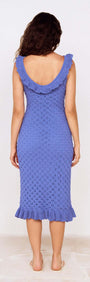 Cobalt Blue Pointelle Midi Dress with Frill Detail viewed from the back, showcasing the intricate pointelle design and frill details.