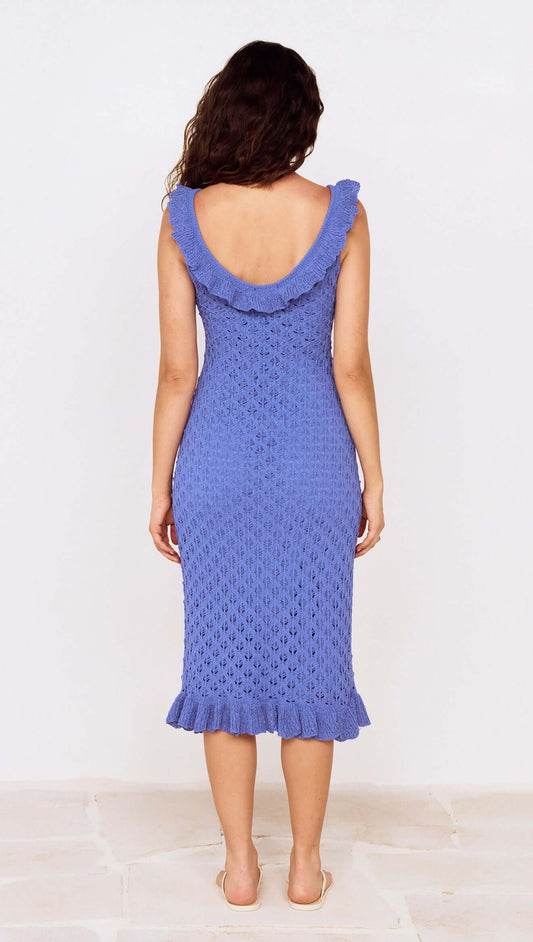 Cobalt Blue Pointelle Midi Dress with Frill Detail viewed from the back, showcasing the intricate pointelle design and frill details.