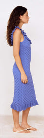 Cobalt Blue Pointelle Midi Dress with Frill Detail displayed on a model from the side.