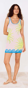 Island Jacquard Knitted Mini Dress featuring tropical palm motif and wave detailing, perfect for summer resort wear.