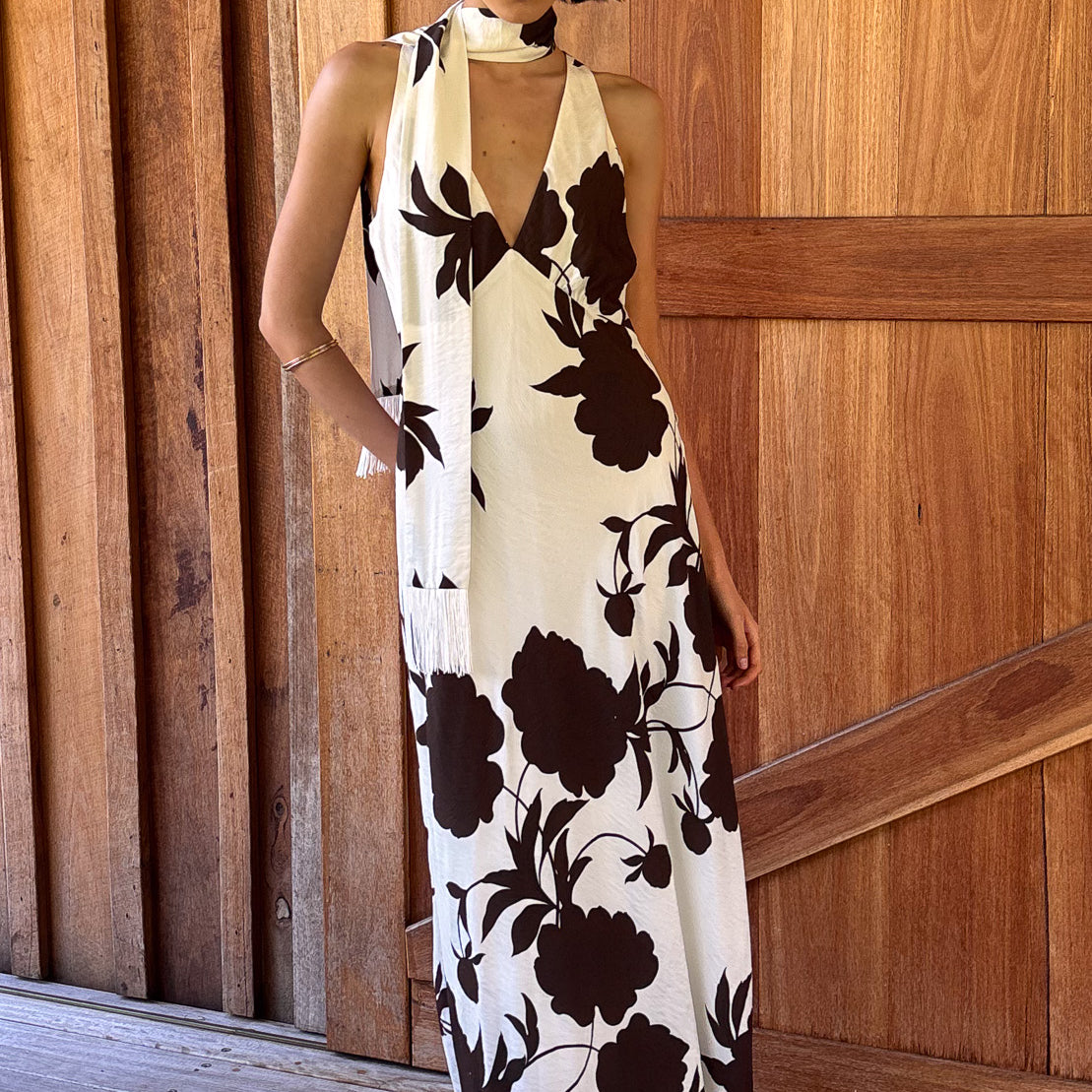 Brown and Cream Floral Halter Neck Maxi Dress