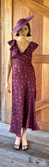 Wine Satin Paisley Ruffled Bias Midi Dress